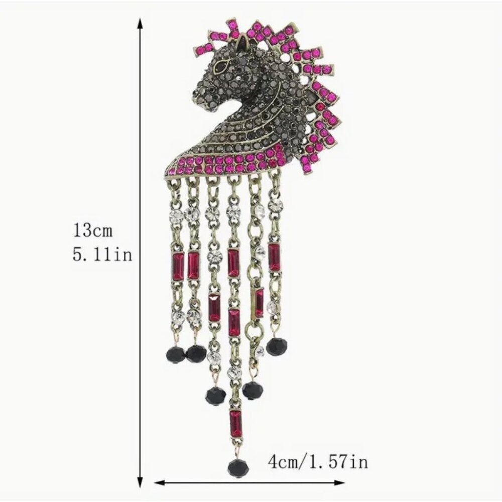 Pink & Gray Crystal Horse Head Brooch with Fringe - Picture 2 of 2